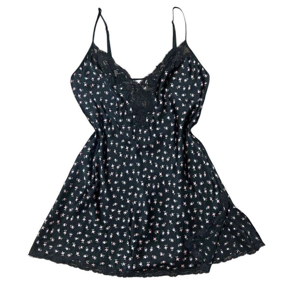VTG Y2K Victoria's Secret Black & Multicolor Floral Silk Lace Chemise Dress S